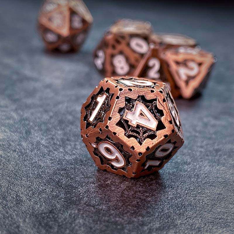 Sage's Gnomish Trinkets - Hollow Copper Spider Trinket White Ink Metal Polyhedral Dice Set image 3