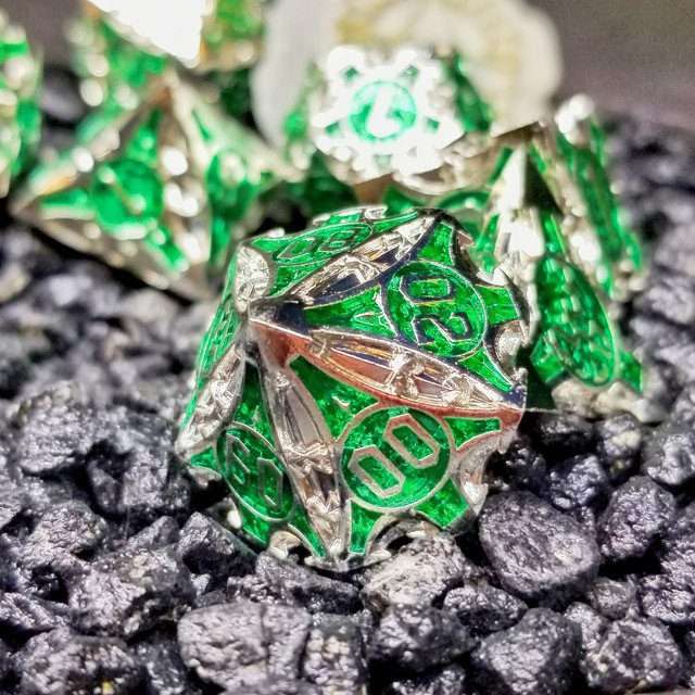 Sage’s Runic Caltrops Silver/Green Metal Polyhedral Dice Set image 4