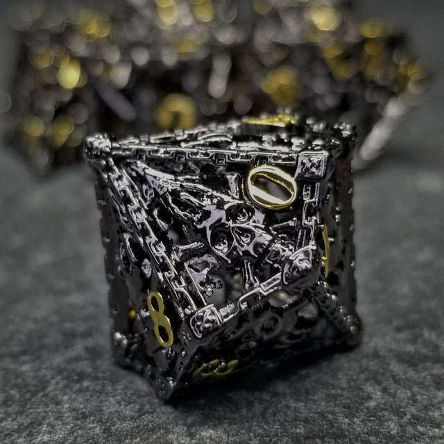 Chained Death Black/Gold Hollow Metal Polyhedral Dice Set image 3