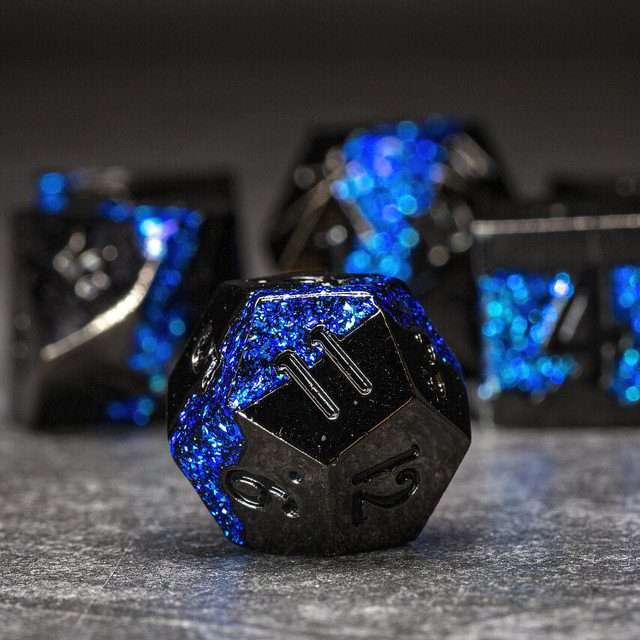 Sage's Rift Stones - Gloss Black Blue Metal Polyhedral Dice Set image 2