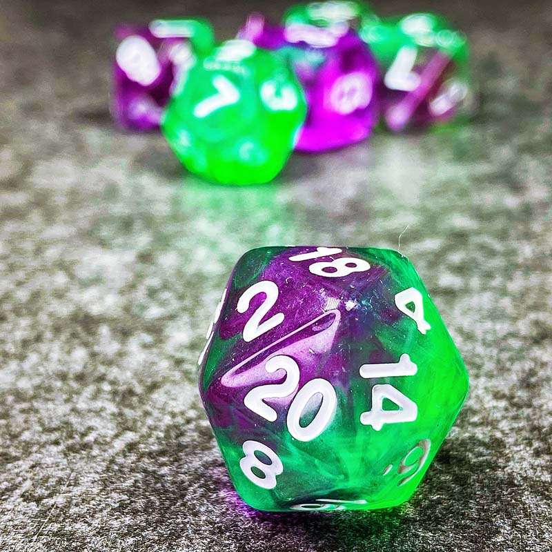 Sage's Capsules - Transparent Purple/Green Acrylic Polyhedral Dice Set image 2