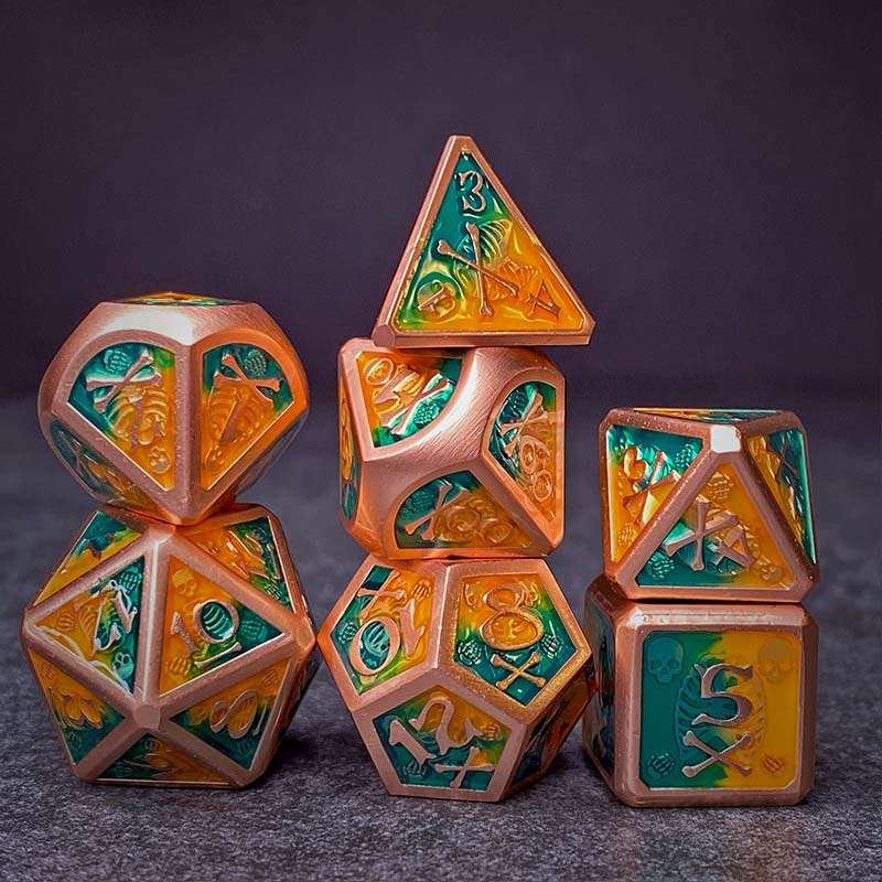 Sage's Grim's Fortunes - Bronze Peach/Green Skull-Bones Metal Polyhedral Dice Set image 13