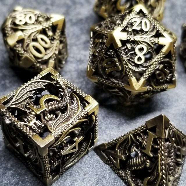 Sage’s Dragonstones Regal Dragon Bronze Hollow Metal Polyhedral Dice Set image 8