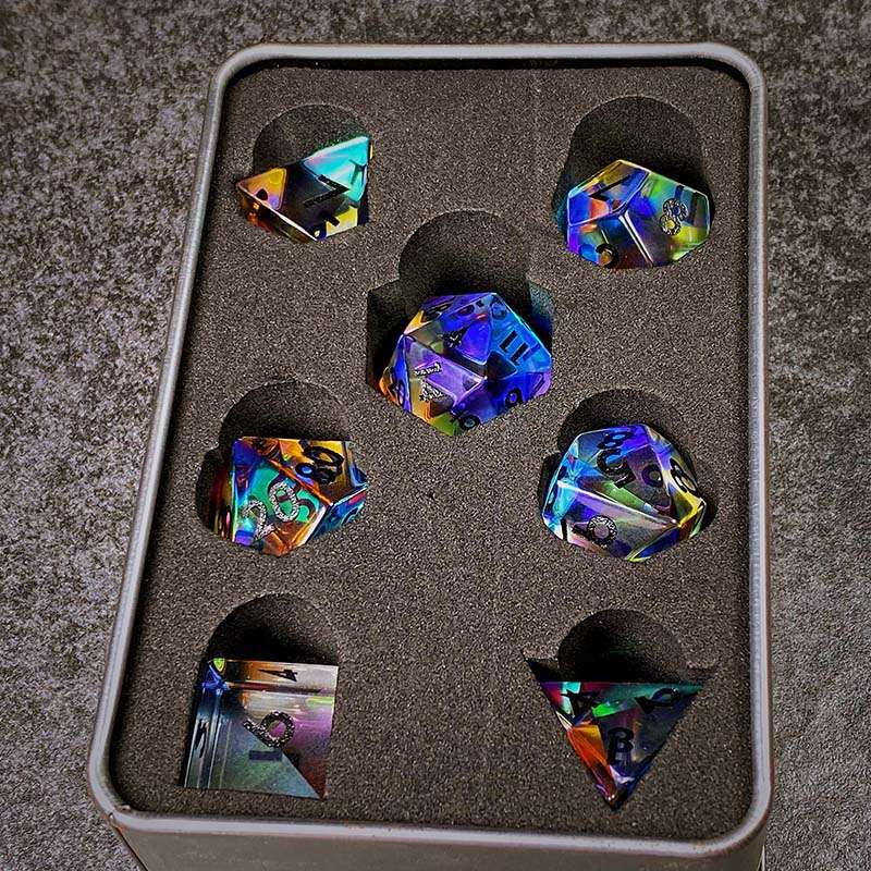 Sage's Treasures - Captured Rainbow Black Ink Dichroic Rainbow Glass Polyhedral Dice Set image 15
