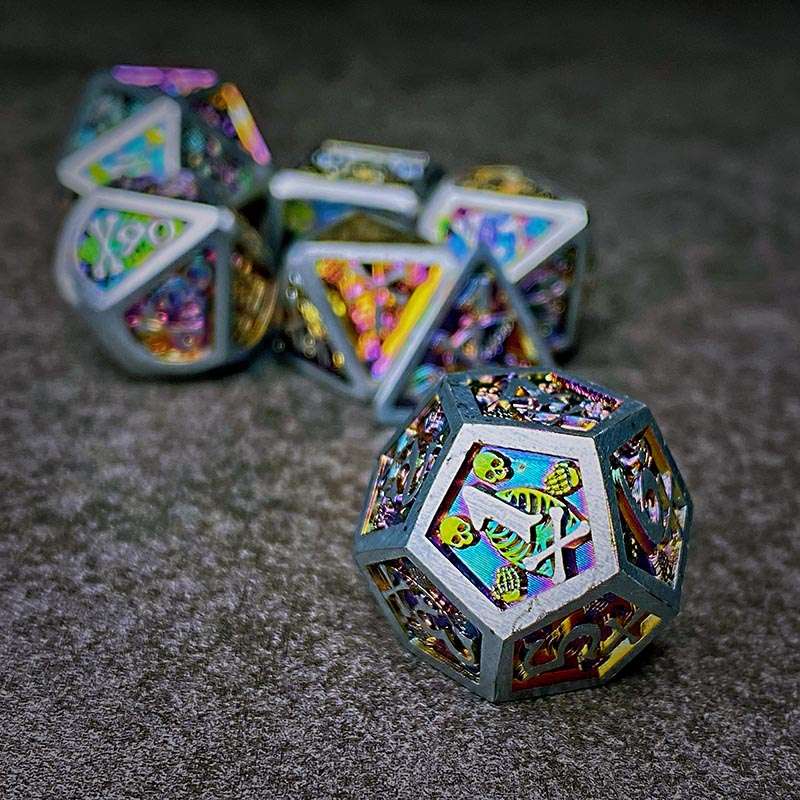 Sage's Grim's Fortunes - Silver/Holo Skull-Bones Metal Polyhedral Dice Set image 2