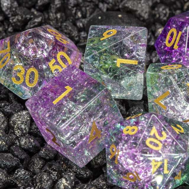 Sage's Kaleidoscopes Purple/Green Cracked Glass Gloss Finish Polyhedral Dice Set image 8