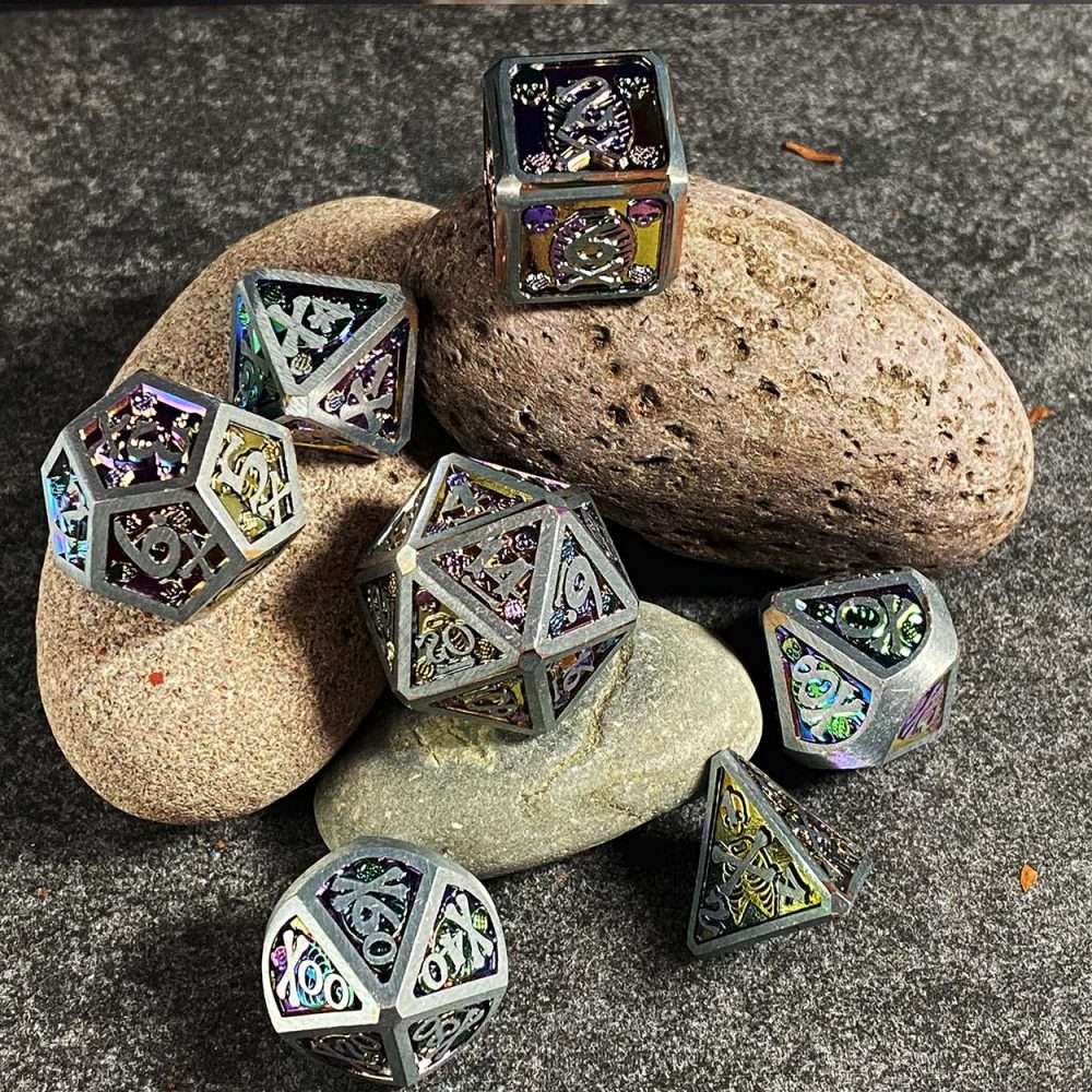 Sage's Grim's Fortunes - Silver/Holo Skull-Bones Metal Polyhedral Dice Set image 13
