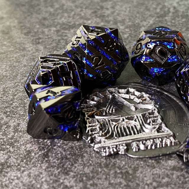 Sage's Dimension Stones - Dark Silver Glitter Blue Stripes Black Ink Metal Polyhedral Dice Set image 11