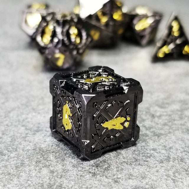 Sage's Knight's Valor - Black Inlay Gold Ink Metal Polyhedral Dice Set image 6