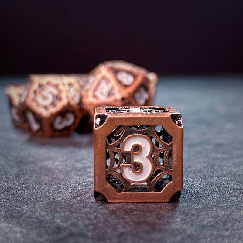 Sage's Gnomish Trinkets - Hollow Copper Spider Trinket White Ink Metal Polyhedral Dice Set image 7