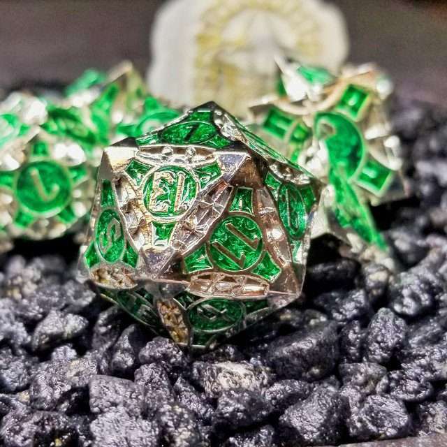 Sage’s Runic Caltrops Silver/Green Metal Polyhedral Dice Set image 1