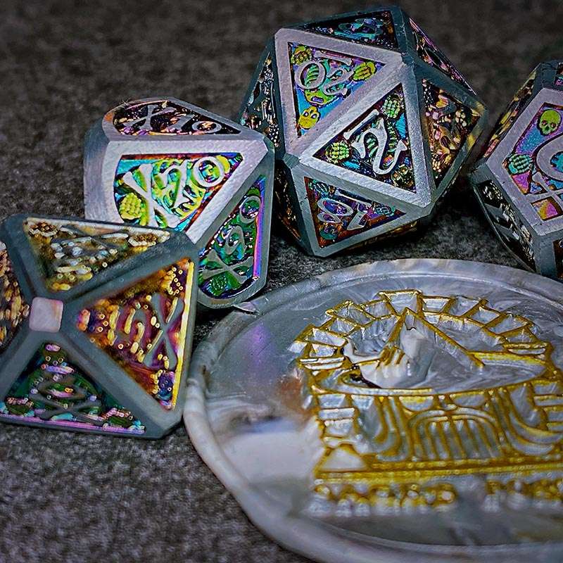 Sage's Grim's Fortunes - Silver/Holo Skull-Bones Metal Polyhedral Dice Set image 6