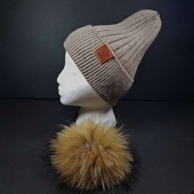 Sage’s Cap – Mocha Wool Beanie with Raccoon Pompom image 1