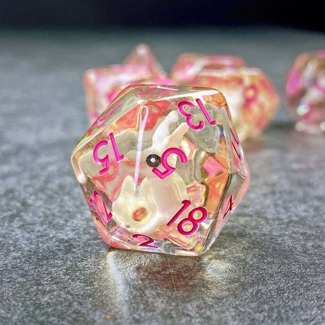 Sage's Familiars- Bunny Familiar Resin Pink Polyhedral Dice Set image 8