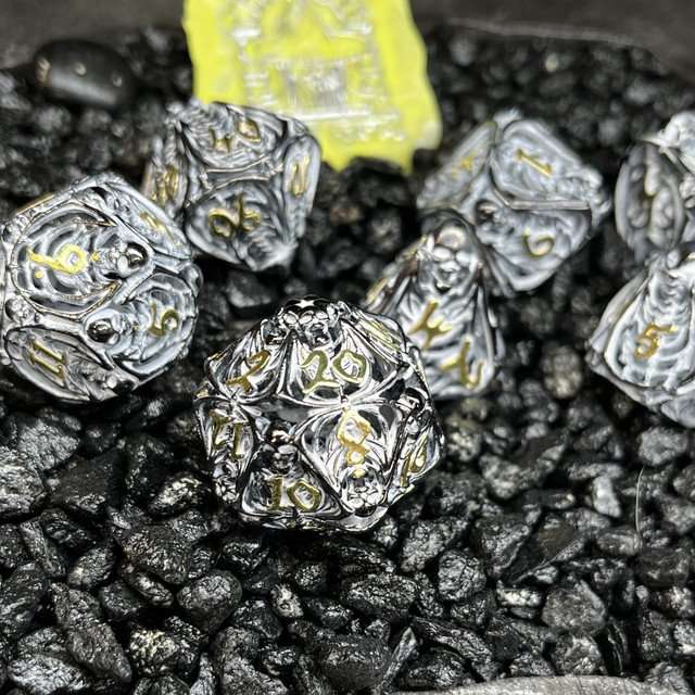 Sage's Macabre Bone Trinket Chalk White Inlay Black/Gold Hollow Metal Polyhedral Dice Set image 0