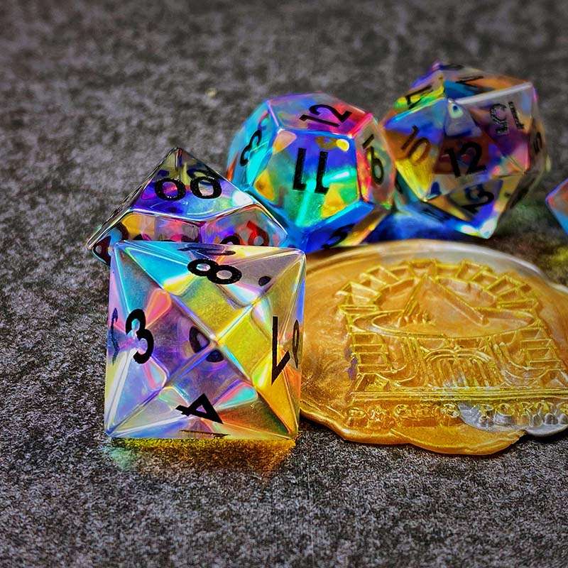 Sage's Treasures - Captured Rainbow Black Ink Dichroic Rainbow Glass Polyhedral Dice Set image 13
