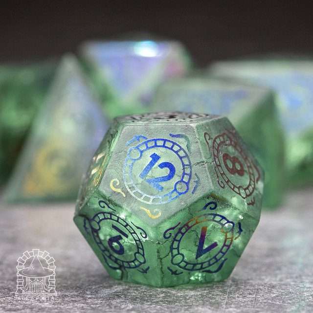 Sage's Glyphed Green Cracked Glass Frosted Finish Polyhedral Dice Set image 2