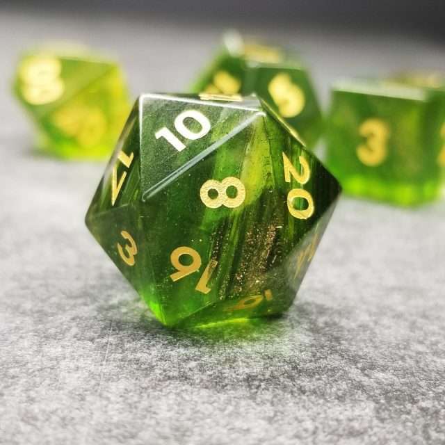 Sage's Treasures- Green Glass Layered Gold Glitter Gemstone Polyhedral Dice Set image 1