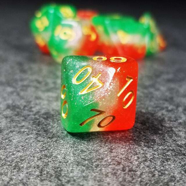 Sage’s Cantrips - Red/White/Green Watermelon Resin Polyhedral Dice Set image 6