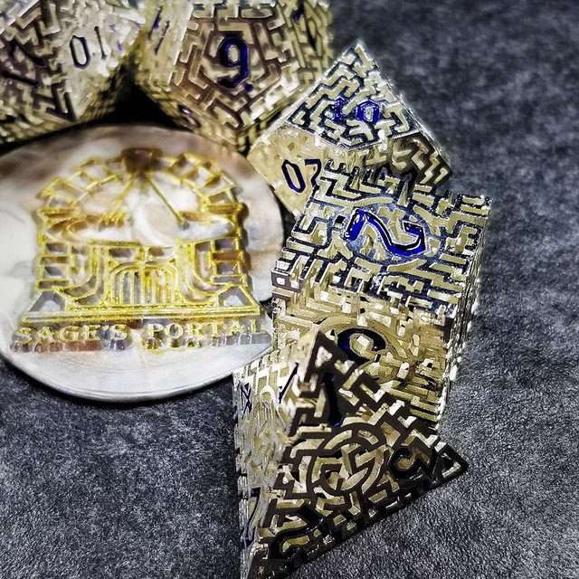 Sage's Labyrinths - Silver Weave Blue Ink Hollow Metal Polyhedral Dice Set image 33