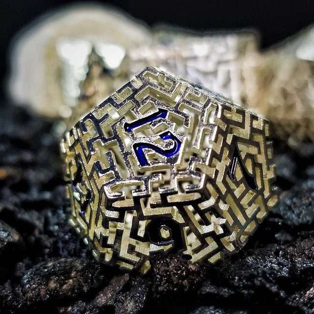 Sage's Labyrinths - Silver Weave Blue Ink Hollow Metal Polyhedral Dice Set image 16