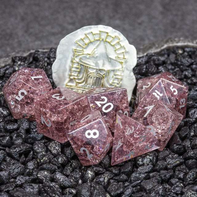 Sage's Kaleidoscopes Salmon Cracked Glass Gloss Finish Polyhedral Dice Set image 1