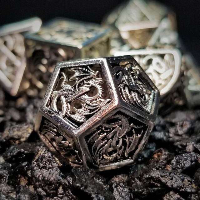 Sage's Dragonstones - Elder Dragon True Silver Hollow Metal Polyhedral Dice Set image 2