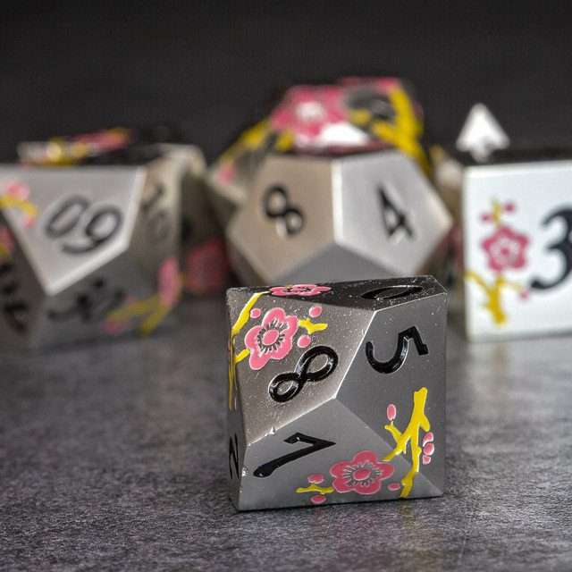 Sage's Petrified Flowers Silver Pink/Yellow Flowers Metal Polyhedral Dice Set image 5
