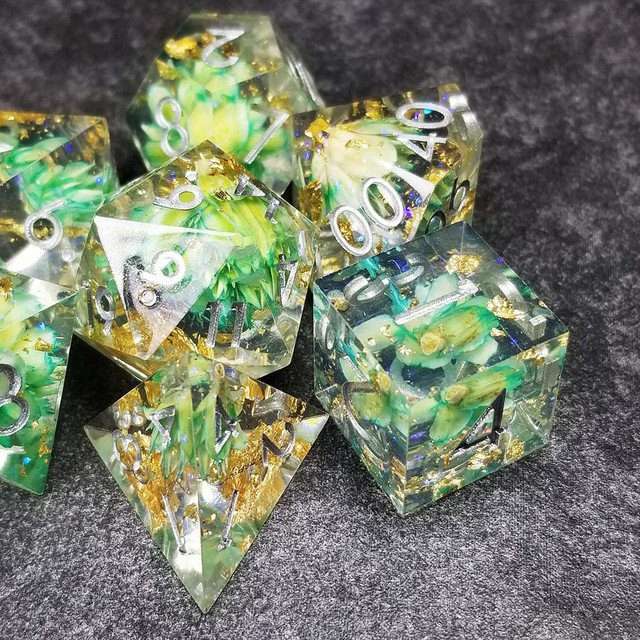 Sage’s Enchanted Flower Cyan Sharp Edge Resin Polyhedral Dice Set image 28