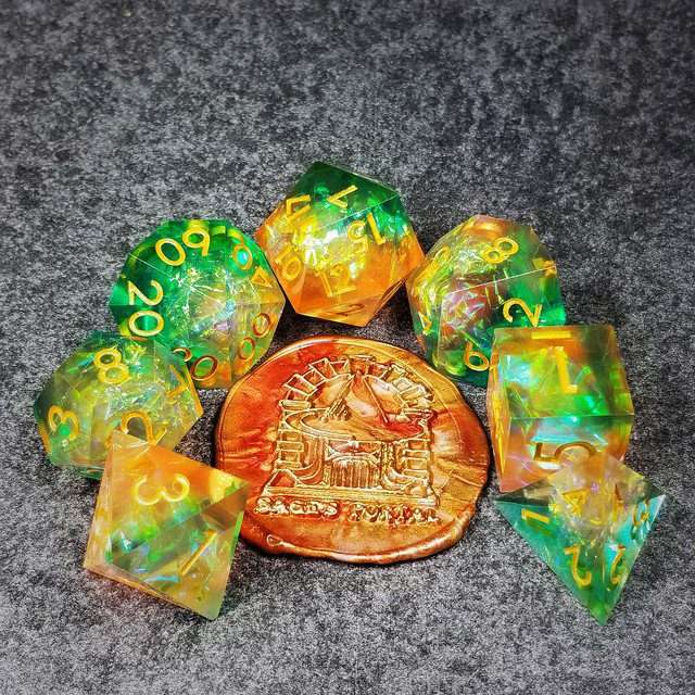 Sage's Enchanted Crystals Green/Peach Gold Ink Sharp Edge Resin Dice Set image 13