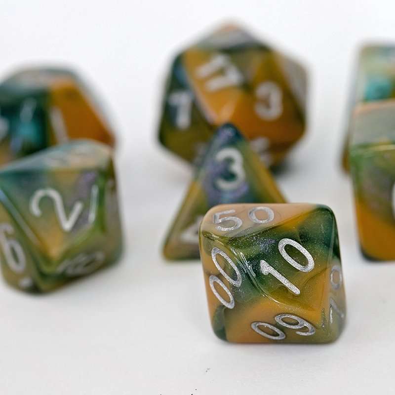 Sage's Shards - Caramel/Green/Turquoise Glitter and Silver Ink Acrylic Polyhedral Dice Set image 5