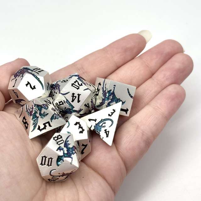 Sage’s Dragon Etchings Silver Teal/Purple Metal Polyhedral Dice Set image 7