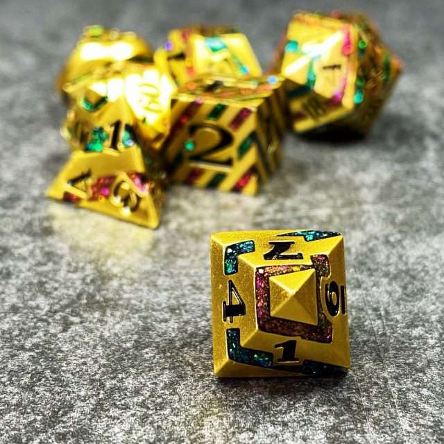 Sage's Dimension Stones - Gold Purple/Green Glitter Stripes Metal Polyhedral Dice Set image 6