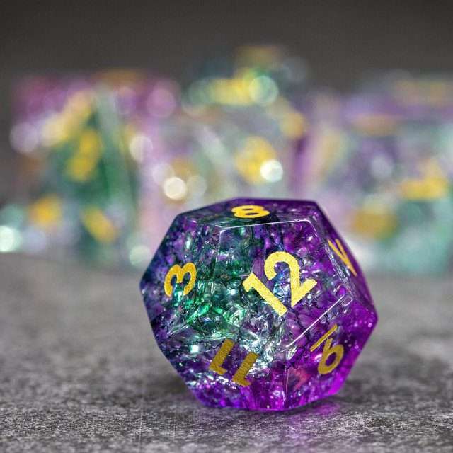 Sage's Kaleidoscopes Purple/Green Cracked Glass Gloss Finish Polyhedral Dice Set image 2