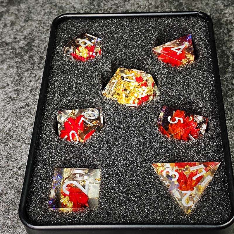Sage’s Enchanted Flower Red/Silver Ink Sharp Edge Resin Polyhedral Dice Set image 22