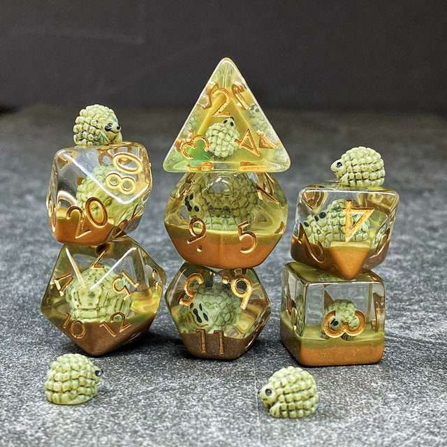 Sage's Baby Hedgehog Green Familiar Resin Polyhedral Dice Set image 8