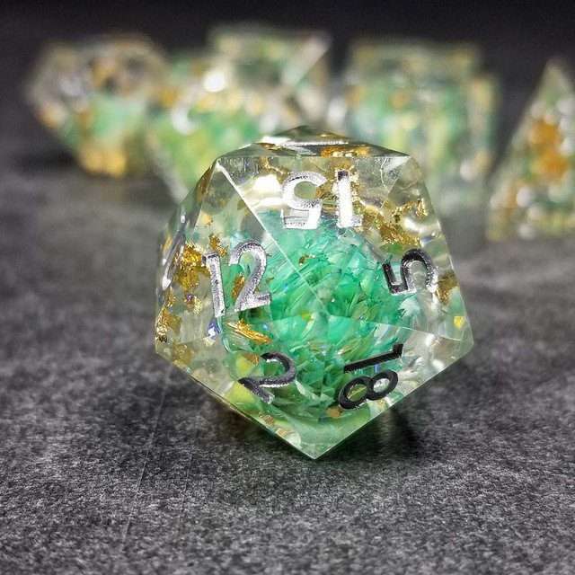 Sage’s Enchanted Flower Cyan Sharp Edge Resin Polyhedral Dice Set image 22