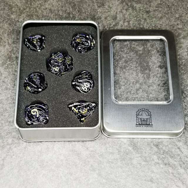 Sage's Macabre Bone Trinket Midnight Blue Inlay Black/Gold Ink Hollow Metal Polyhedral Dice Set image 9