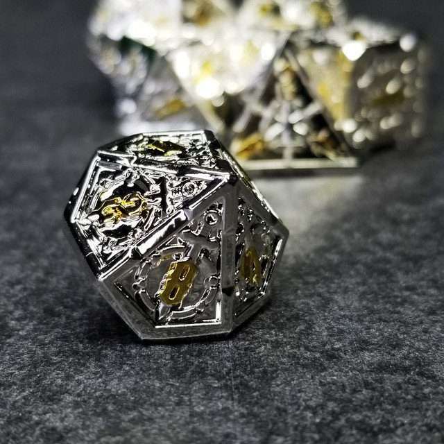 Sage's Knight's Valor - Truesilver Gold Ink Metal Polyhedral Dice Set image 3