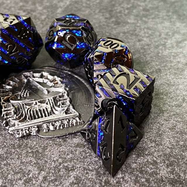 Sage's Dimension Stones - Dark Silver Glitter Blue Stripes Black Ink Metal Polyhedral Dice Set image 12