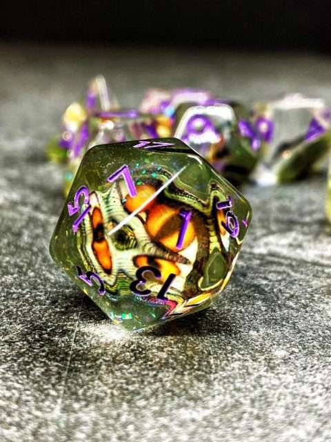 Sage's Bottled Yellow/Green Dragon Eyes Resin Polyhedral Dice Set image 3