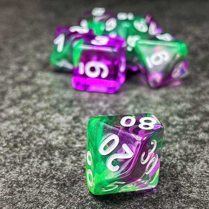 Sage's Capsules - Transparent Purple/Green Acrylic Polyhedral Dice Set image 4