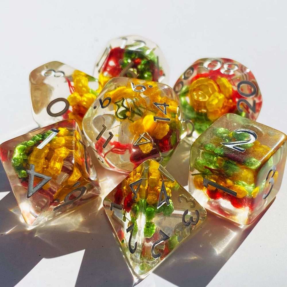 Sage's Cantrips - Transparent Red/Yellow/Green Flowers Resin Polyhedral Dice Set image 0