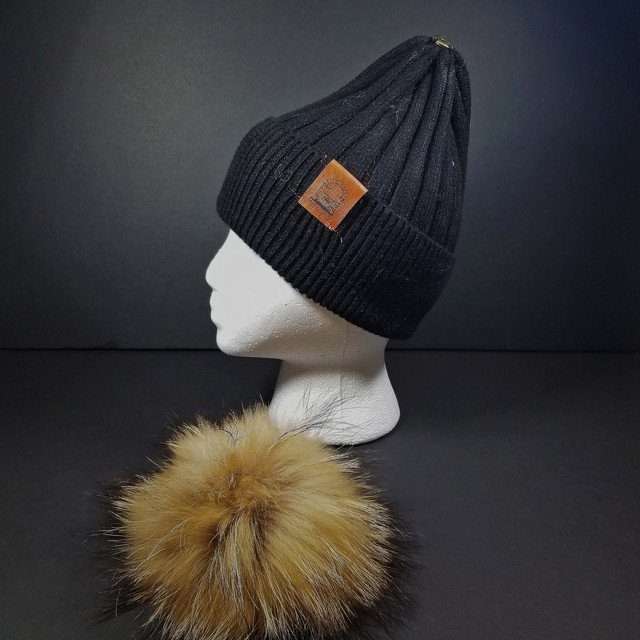 Sage's Cap - Black Wool Beanie with Raccoon Pompom image 5