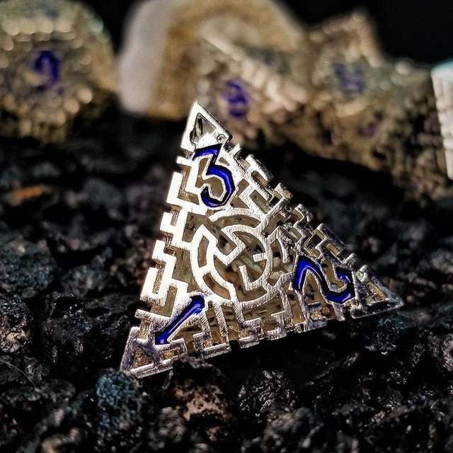 Sage's Labyrinths - Silver Weave Blue Ink Hollow Metal Polyhedral Dice Set image 1