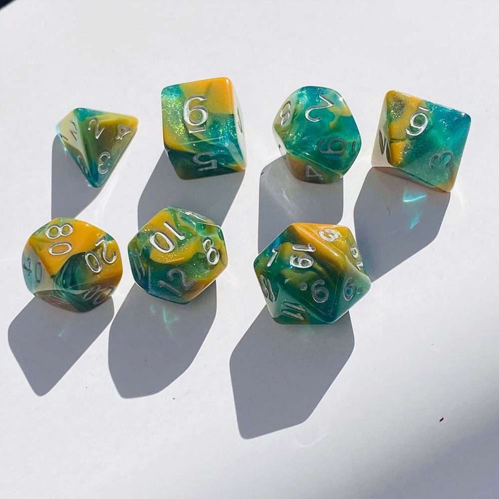 Sage's Shards - Caramel/Green/Turquoise Glitter and Silver Ink Acrylic Polyhedral Dice Set image 16