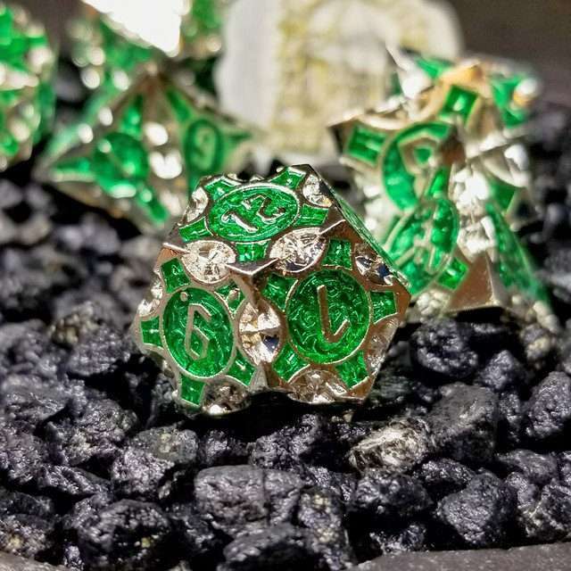 Sage’s Runic Caltrops Silver/Green Metal Polyhedral Dice Set image 2