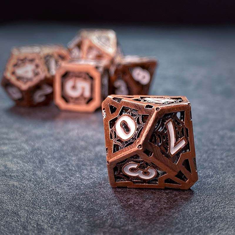 Sage's Gnomish Trinkets - Hollow Copper Spider Trinket White Ink Metal Polyhedral Dice Set image 5