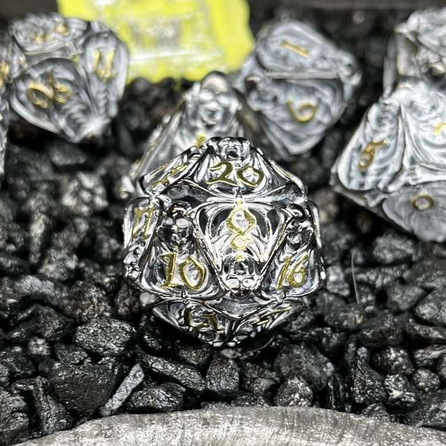 Sage's Macabre Bone Trinket Chalk White Inlay Black/Gold Hollow Metal Polyhedral Dice Set image 1