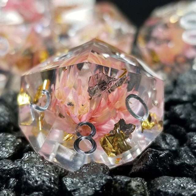 Sage’s Enchanted Flower Pink Sharp Edge Resin Polyhedral Dice Set image 9